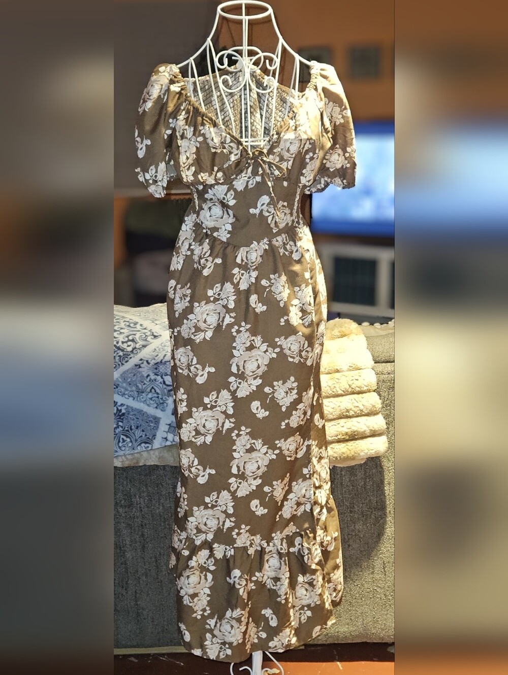 Blush Brown Maxi Skirt with White Floral Print Dress